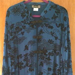 Slinky Brand Knit Tunic Top Blue Black Velvet Flock Oriental Knot Buttons 1X